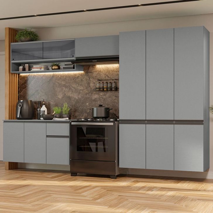 Armário de Cozinha Completa Suspenso 320cm Cinza Nice Madesa 04