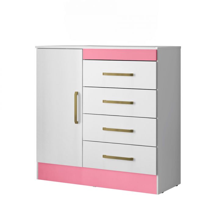 Cômoda Montevidéu Flex 1 Porta 4 Gavetas Branca e Rosa