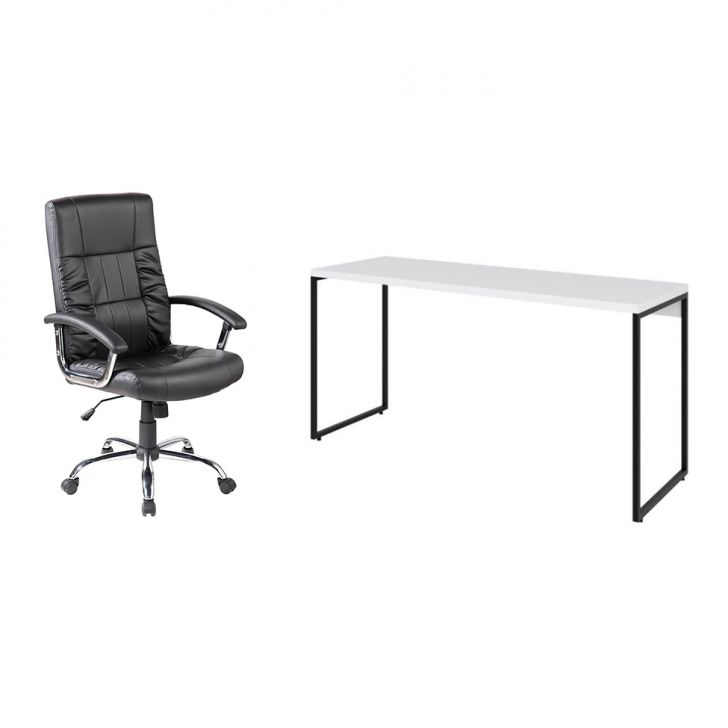 Conjunto de Mesa Studio Branca 150 cm com Cadeira de Escritório Presidente Giratória com Relax Office Plus Preta