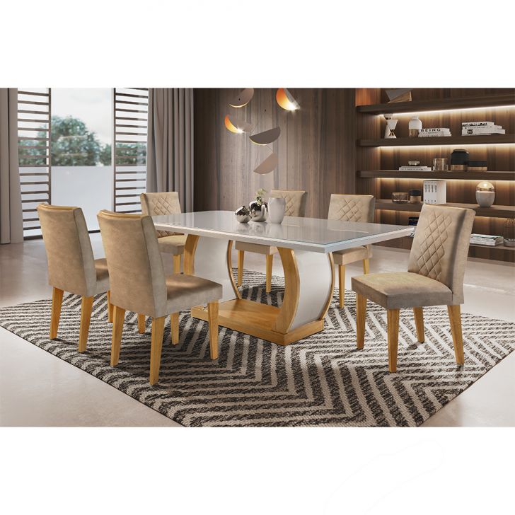 Conjunto De Mesa De Jantar Com Tampo De Vidro E 6 Cadeiras Maia Suede Chocolate E Imbuia