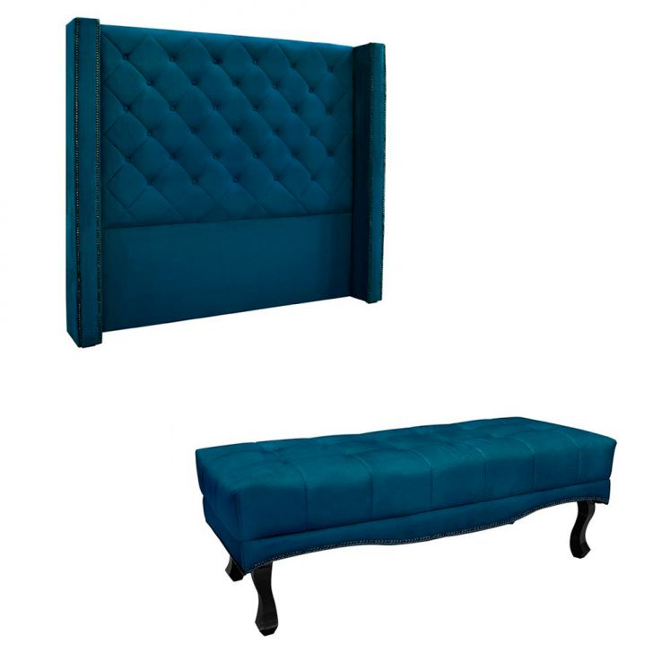 Conjunto de Cabeceira Queen com Recamier Vicenza Veludo Azul Marinho