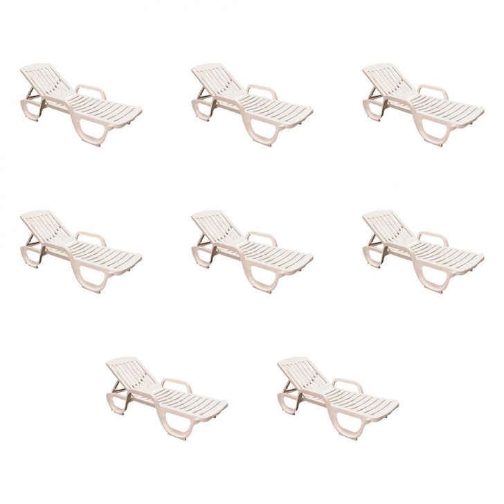 Conjunto com 8 Espreguiçadeiras Basic com Rodas Branco