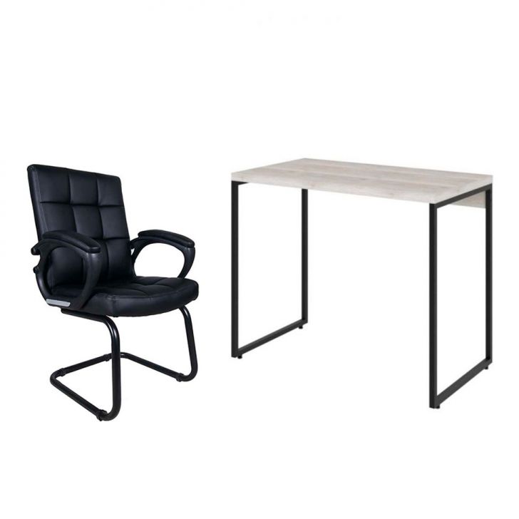 Conjunto de Mesa Studio Bege com Cadeira de Escritório Interlocutor Fixa Charles Preta
