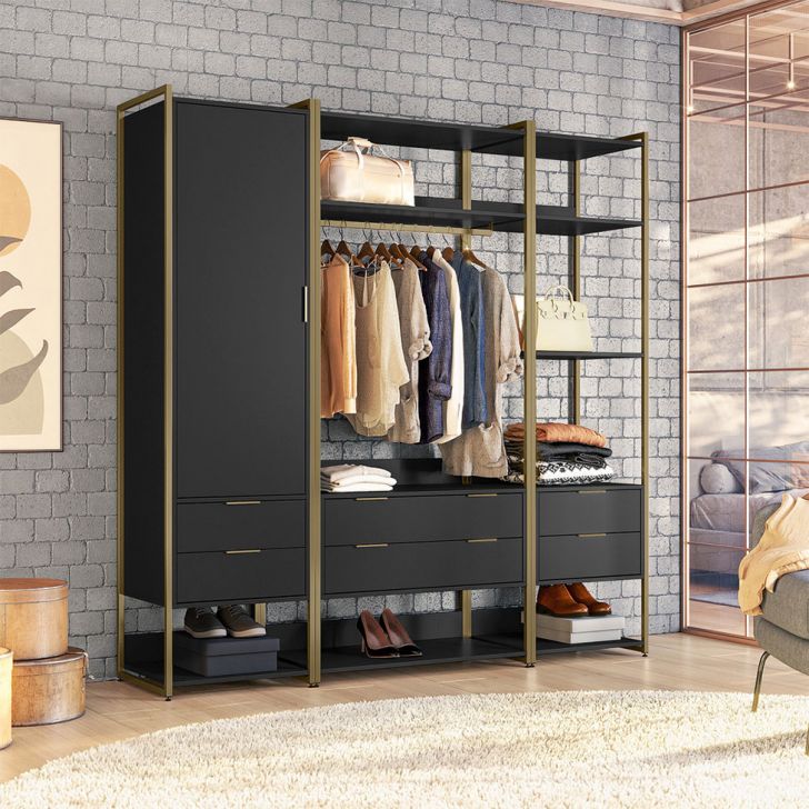 Guarda-roupa Closet Industrial Mital 1 Porta 6 Gavetas Preto E Dourado