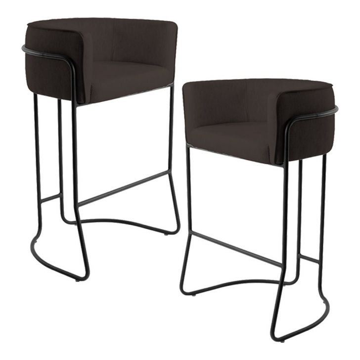 Kit 02 Banquetas Decorativas Fixa Base de Aço Preto Betina D02 Corano Marrom C-34 - Lyam Decor