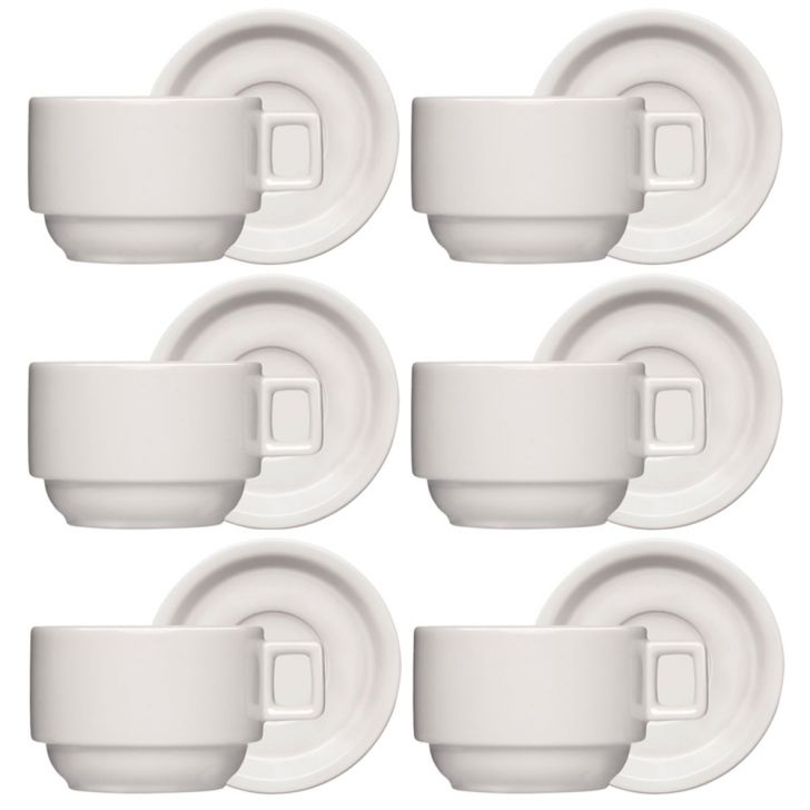 Jogo 6 Xícaras Porcelana Branca Café Chá com Pires 210ml Bar Hotel Germer