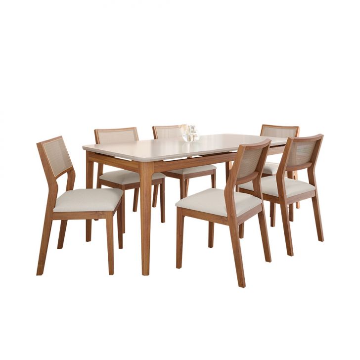 Conjunto De Mesa Retangular Com Tampo De Vidro Off White Baobá E 6 Cadeiras Oiti Linho Cru E Madeira 180 Cm