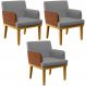 Kit 03 Poltronas Decorativas Sala Estar Beatriz W01 Linho Cinza Escuro Couríssimo Camel - Lyam Decor