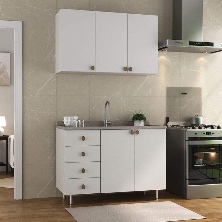 Cozinha Compacta Maranello 100% MDF 5 Portas 4 Gavetas Branco