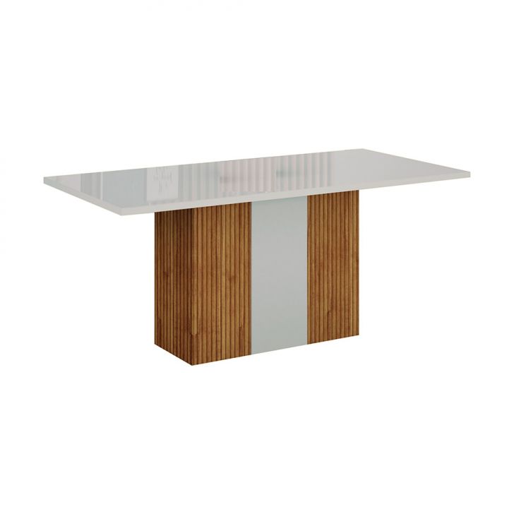 Mesa de Jantar Retangular com Tampo de Vidro Doha 100% MDF Off White e Freijó 160 cm