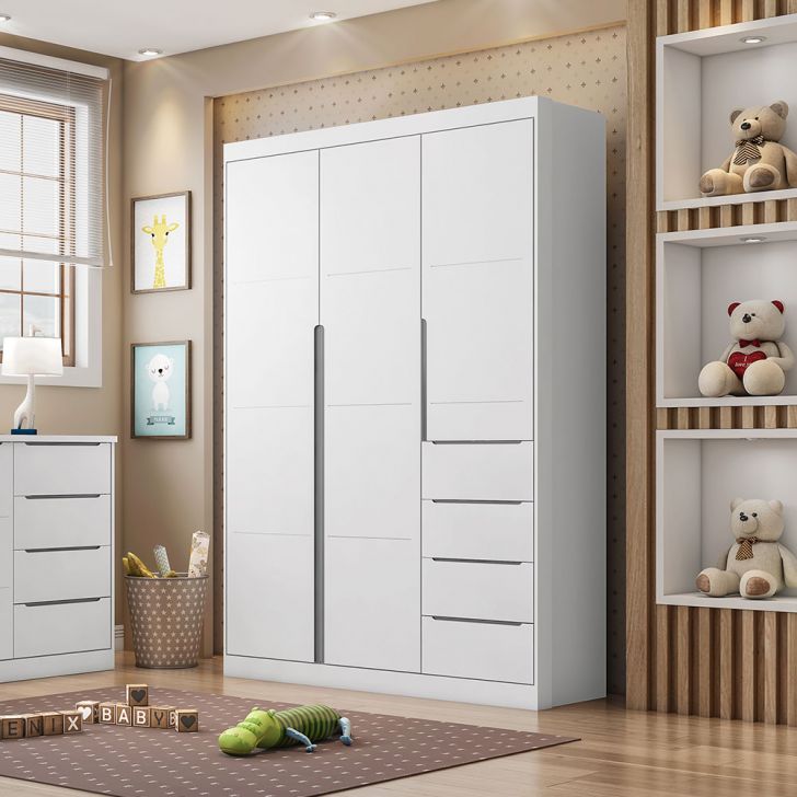 Guarda-Roupa Infantil Eloá 3 Portas 4 Gavetas Branco e Cinza