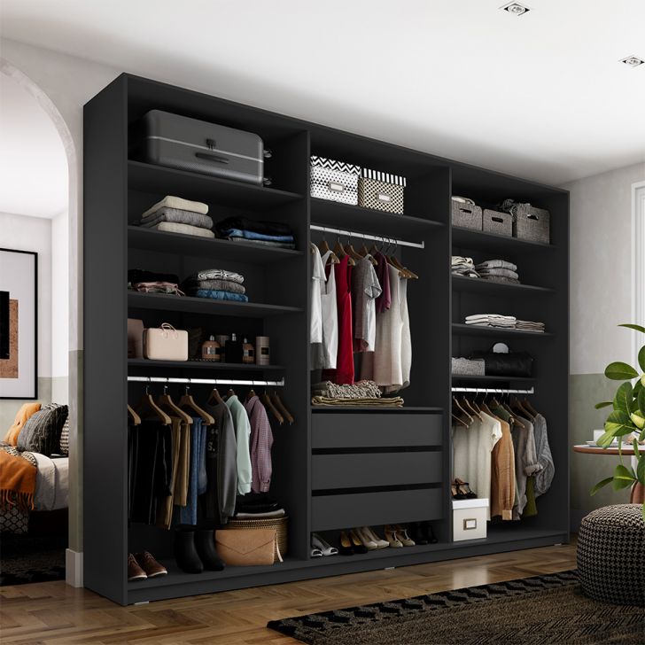 Guarda-roupa Closet Monreale 100 % Mdf 3 Gavetas Preto 237 Cm