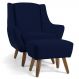 Poltrona Decorativa Fixa com Puff Pés de Madeira Juliet D02 Veludo Azul Marinho C-287 - Lyam Decor