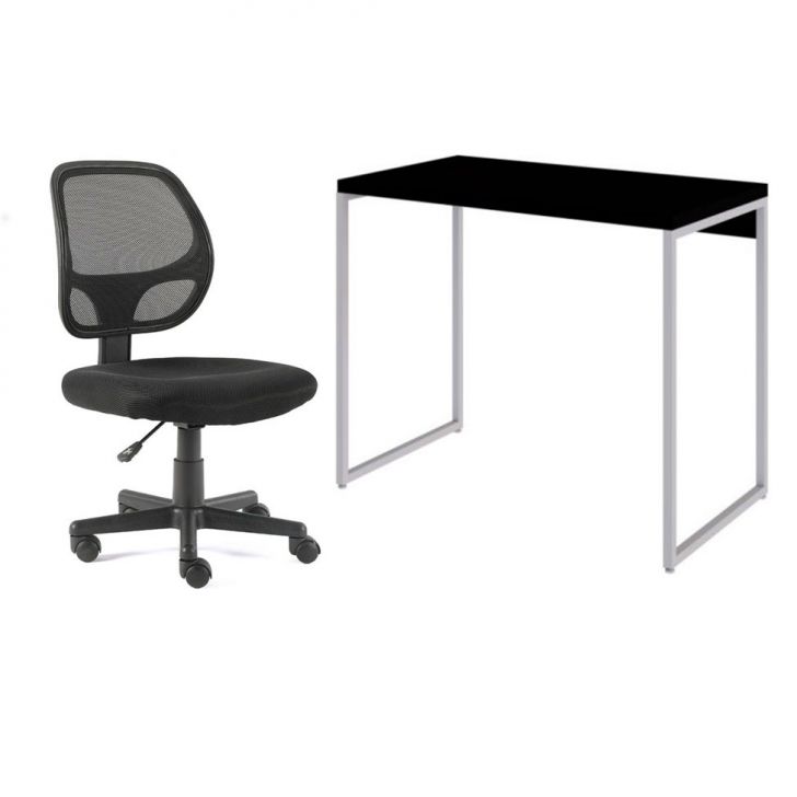 Conjunto de Mesa Studio Preta e Branca com Cadeira de Escritório Secretária Giratória Oxford Preta