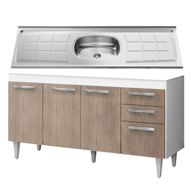 Balcão Gabinete Lis com Pia Inox 150cm 4 Portas Branco/Castanho - Mpozenato