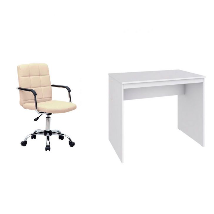 Conjunto de Mesa Office Branca com Cadeira de Escritório Secretária Giratória Fitz Bege