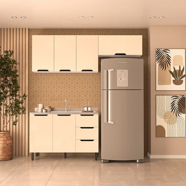 Cozinha Compacta sem Tampo Meena 6 Portas 3 Gavetas Creme e Branca