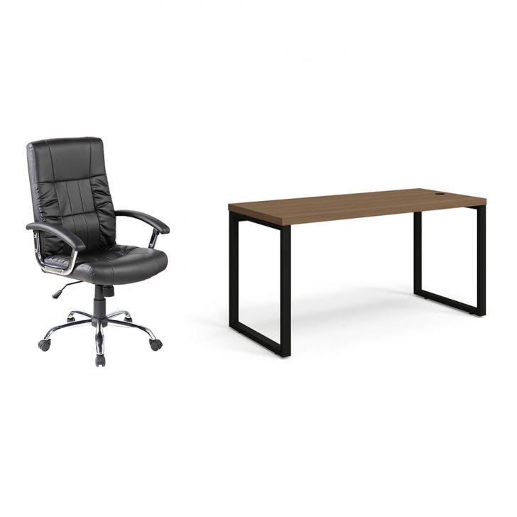 Conjunto de Mesa Munique Carvalho 150 cm com Cadeira de Escritório Presidente Giratória com Relax Office Plus Preta