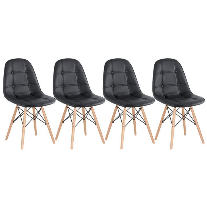 Kit 4 cadeiras estofadas Charles Eames Eiffel Botonê com pés de madeira clara Preto