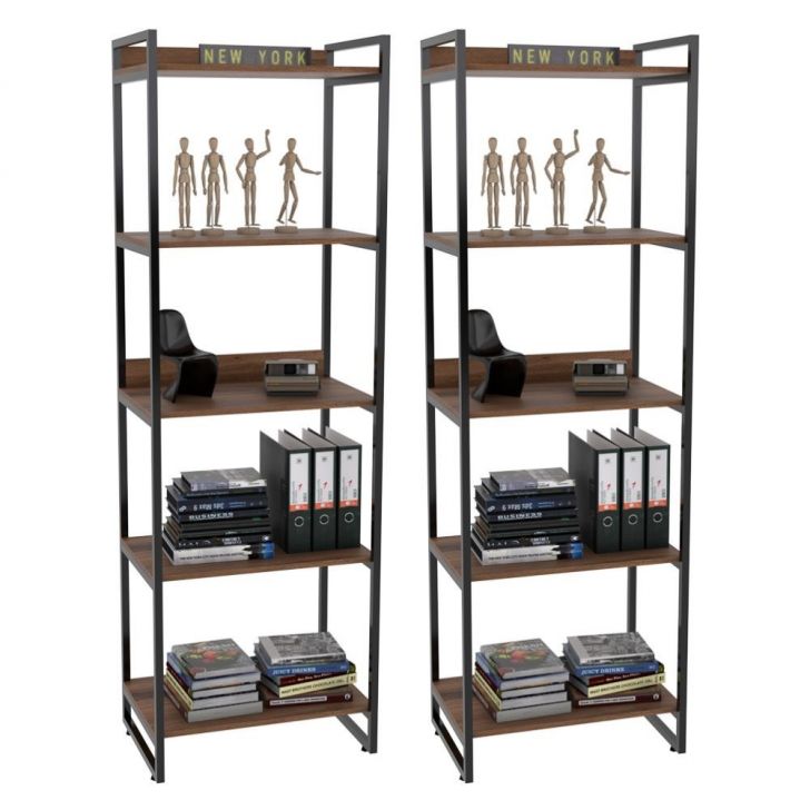 Kit 2 Estantes Livreiro Multiuso Prisma Estilo Industrial 60cm 5 Prateleiras C08 Nogal - Mpozenato