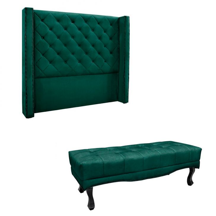 Conjunto de Cabeceira Queen com Recamier Vicenza Veludo Verde