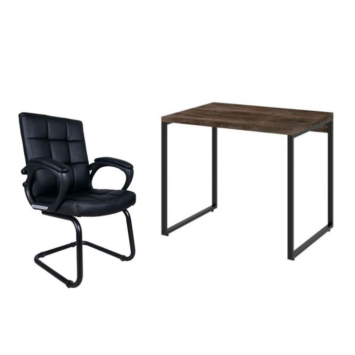 Conjunto de Mesa Kuadra Marrom Escuro com Cadeira de Escritório Interlocutor Fixa Charles Preta