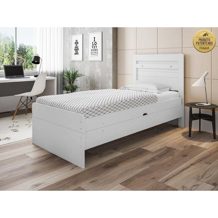 Cama Solteiro Baú Larissa Branca Com Colchão
