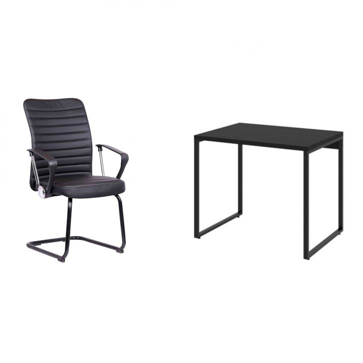 Conjunto de Mesa Kuadra com Cadeira de Escritório Interlocutor Fixa Oslo Preta