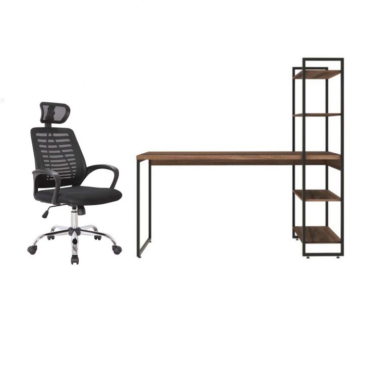 Conjunto de Mesa Studio com Estante Nogal 146 cm com Cadeira de Escritório Diretor Giratória Light Preta