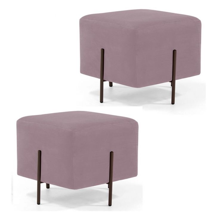 Kit 2 Puffs Decorativos 45cm Base Aço Status B-305 Veludo Rosê - Domi