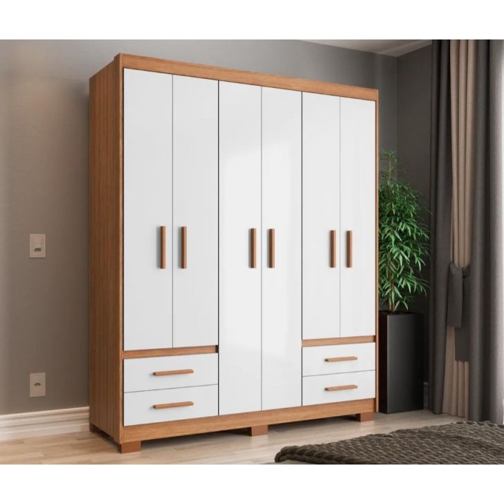Guarda-roupa Casal Primacy 6 Portas 4 Gavetas Freijó Wood E Off White