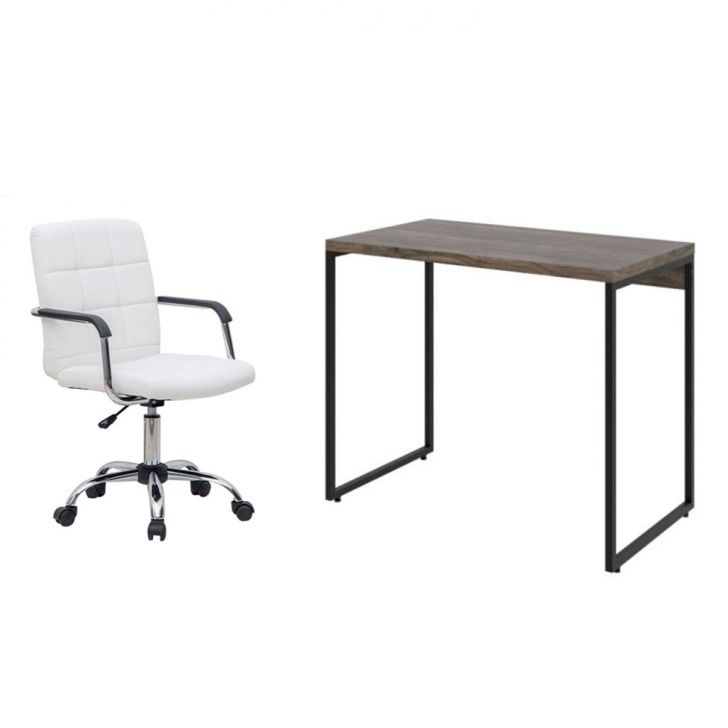 Conjunto de Mesa Studio Marrom Escuro com Cadeira de Escritório Secretária Giratória Fitz Branca