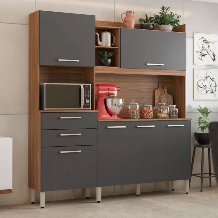 Armário de Cozinha Select 6 Portas 3 Gavetas Amêndola e Grafite