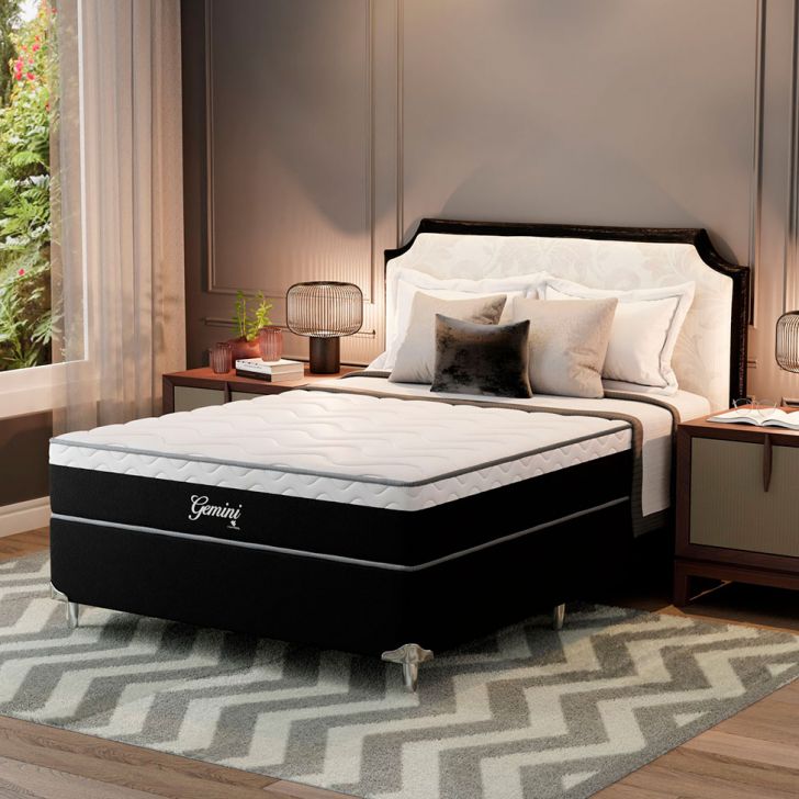 Cama Box Casal Gemini Com Colchão Casal Molas Ensacadas Grafite E Branca
