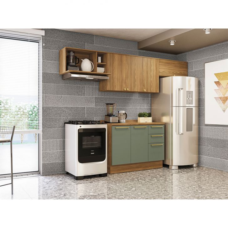 Cozinha Compacta Botanic 6 Portas 3 Gavetas Nogueira e Verde