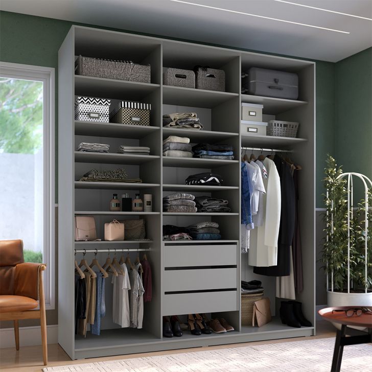Guarda-roupa Closet Sion 100% Mdf 3 Gavetas Cinza 209 Cm