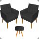 Kit 2 Poltronas Decorativas Nina Com Base E Capitonê + Puff Redondo Suede Preto Pé Castanho - Clique E Decore