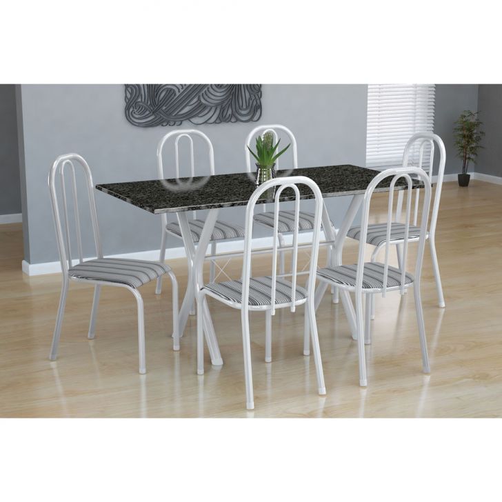 Conjunto De Mesa Miame Com 6 Cadeiras Madri Branco E Preto Listrado