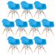 Kit 10 cadeiras Charles Eames Eiffel DAW com braços e pés de madeira clara Azul-céu