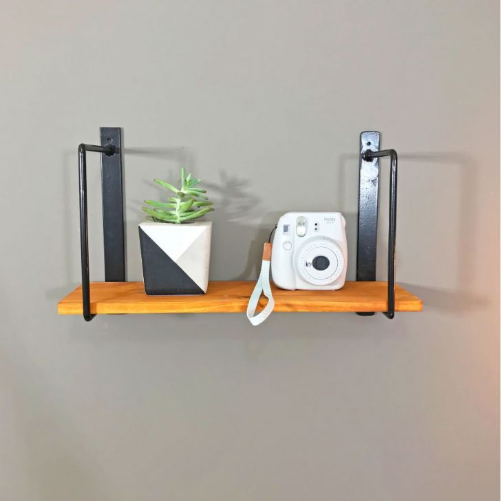 Prateleira de Parede de Ferro e Madeira Bracket Industrial 50cm Carvalho e Preto