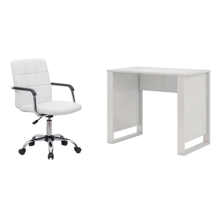 Conjunto de Mesa Morada com Cadeira de Escritório Secretária Giratória Fitz Branca