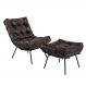 Poltrona e Puff Decorativos Sala de Estar Costela Base Preta Couro Marrom G34 - Gran Belo