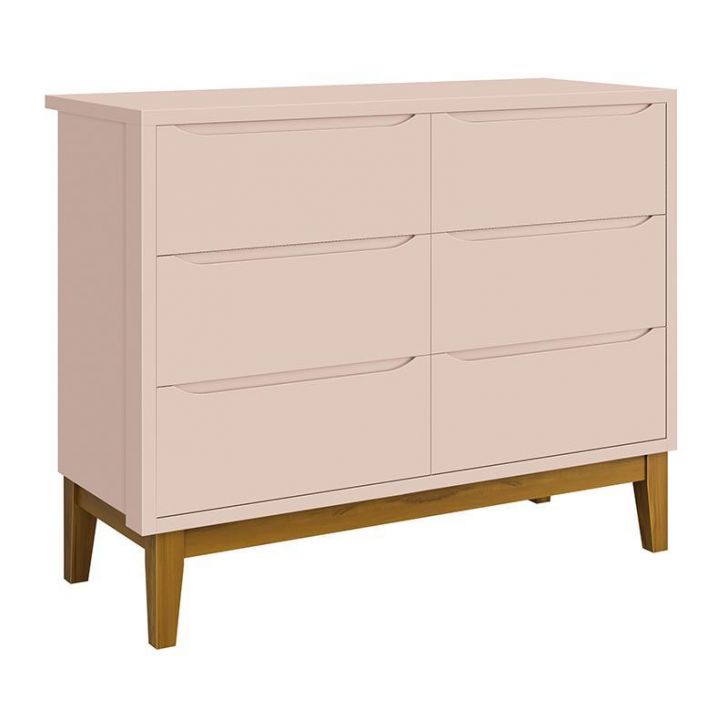 Cômoda Infantil Classic 6 Gavetas Rosa Fosco com Pés Amadeirado - Reller Móveis