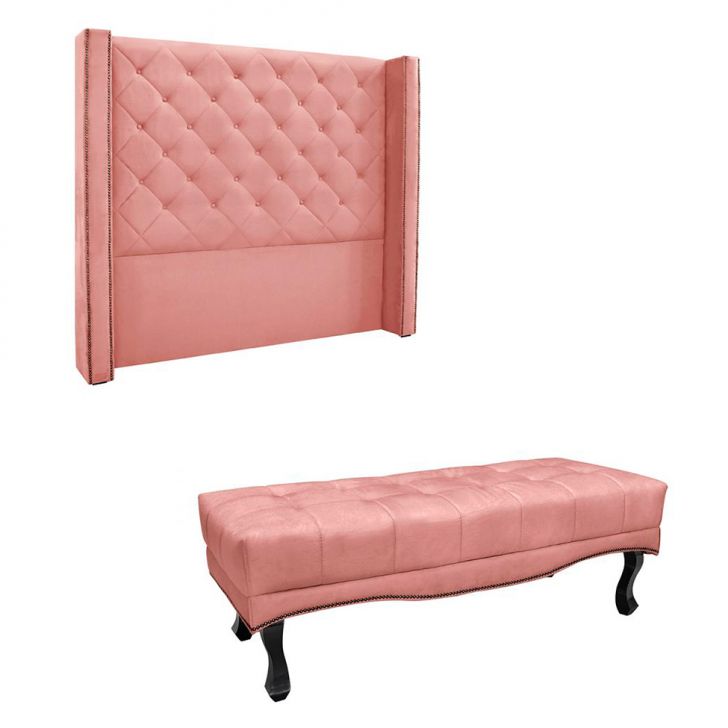 Conjunto de Cabeceira King com Recamier Vicenza Veludo Rosa