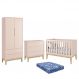 Dormitório Infantil Classic 2 Portas, Cômoda 3 Gavetas, Berço Rosa Fosco com Pés Madeira Natural e Colchão - Reller Móveis
