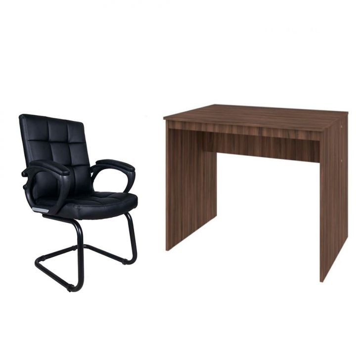 Conjunto de Mesa Office Nogal com Cadeira de Escritório Interlocutor Fixa Charles Preta