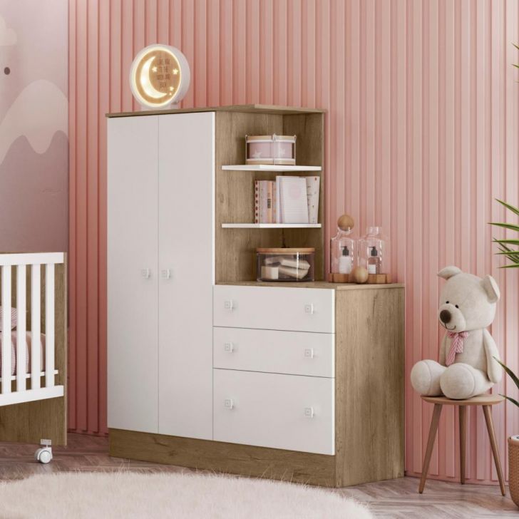 Guarda Roupa com Comoda Infantil Lecco Carvalho Rustico Branco