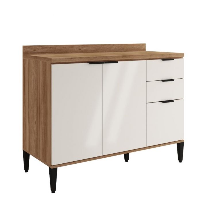 Balcão de Cozinha Miami 1200mm 2 Portas 3 Gavetas Com Tampo Carraro Freijó com Off White