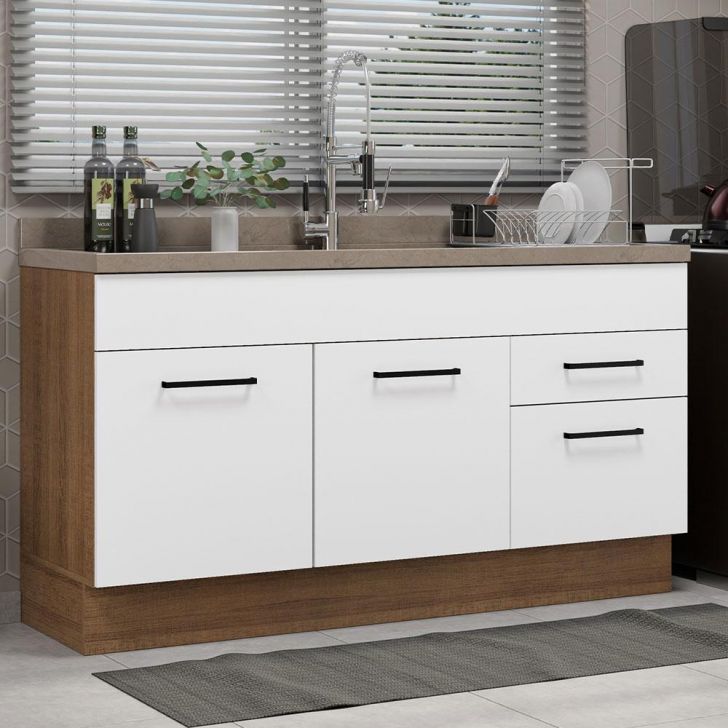 Balcão Gabinete de Pia Cozinha 150 cm 2 Portas e 2 Gavetas (Sem Tampo e Pia) Rustic/Branco Agata Madesa