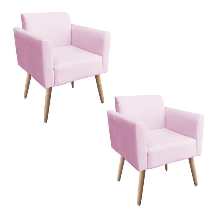 Kit 02 Poltronas Marisa Suede Rosa Bebê Pés Palito Natural D'Rossi